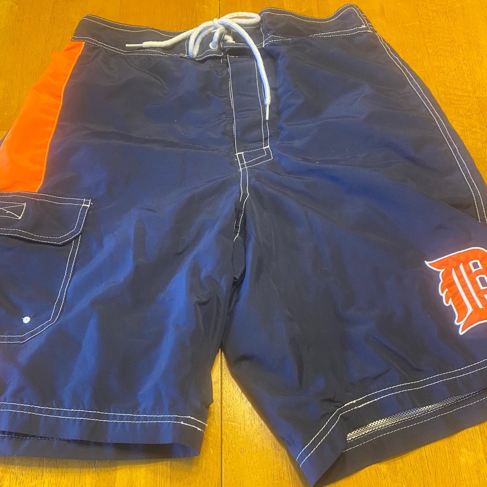 Vintage MLB Detroit Tigers Board Shorts Men Medium Blue Orange Swim Trunks Cargo